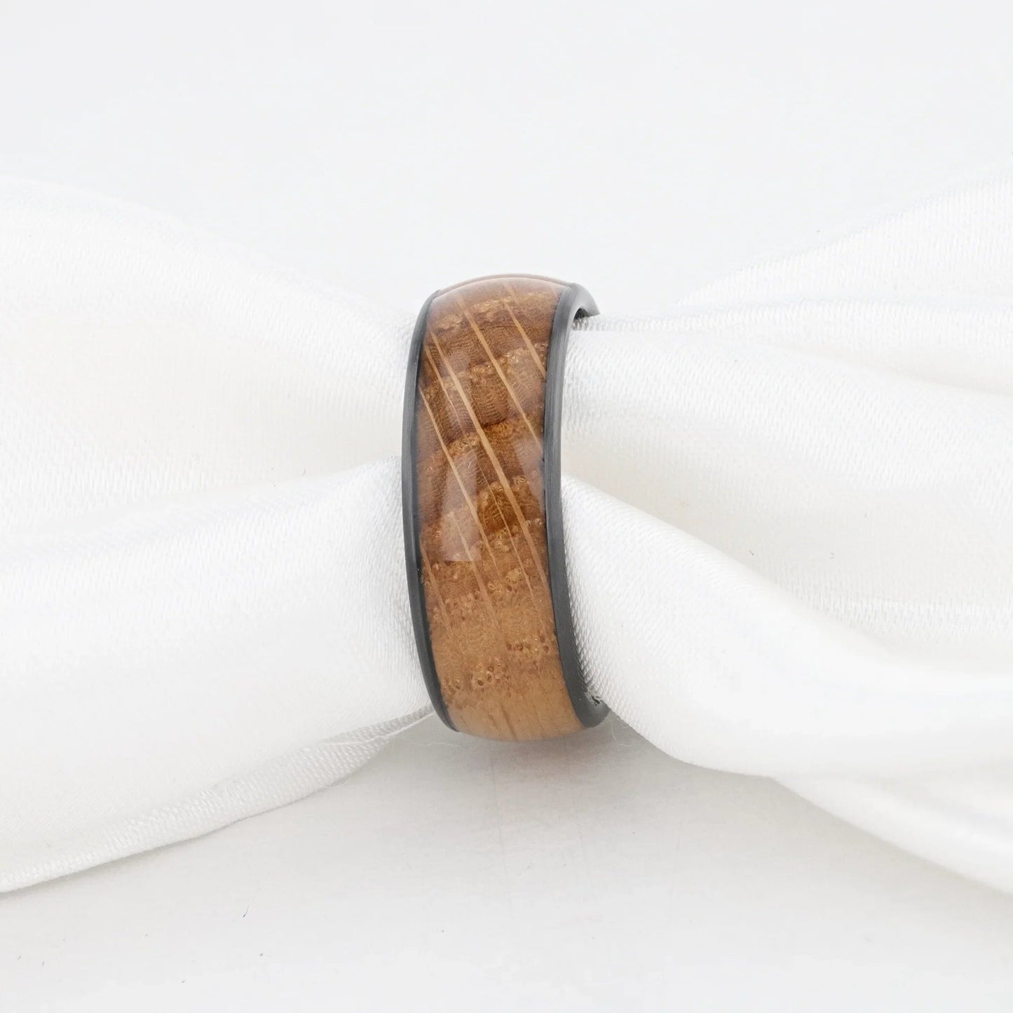SCOTCH Black Ceramic Ring with Whiskey Barrel Wood Inlay- 8mm
