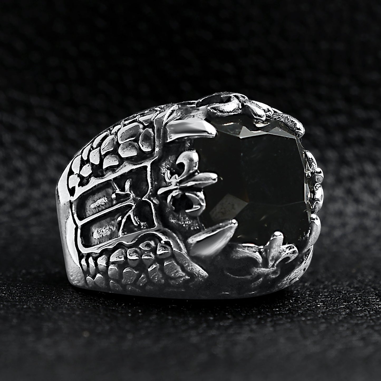 Fleur De Lis Black Stone Ring