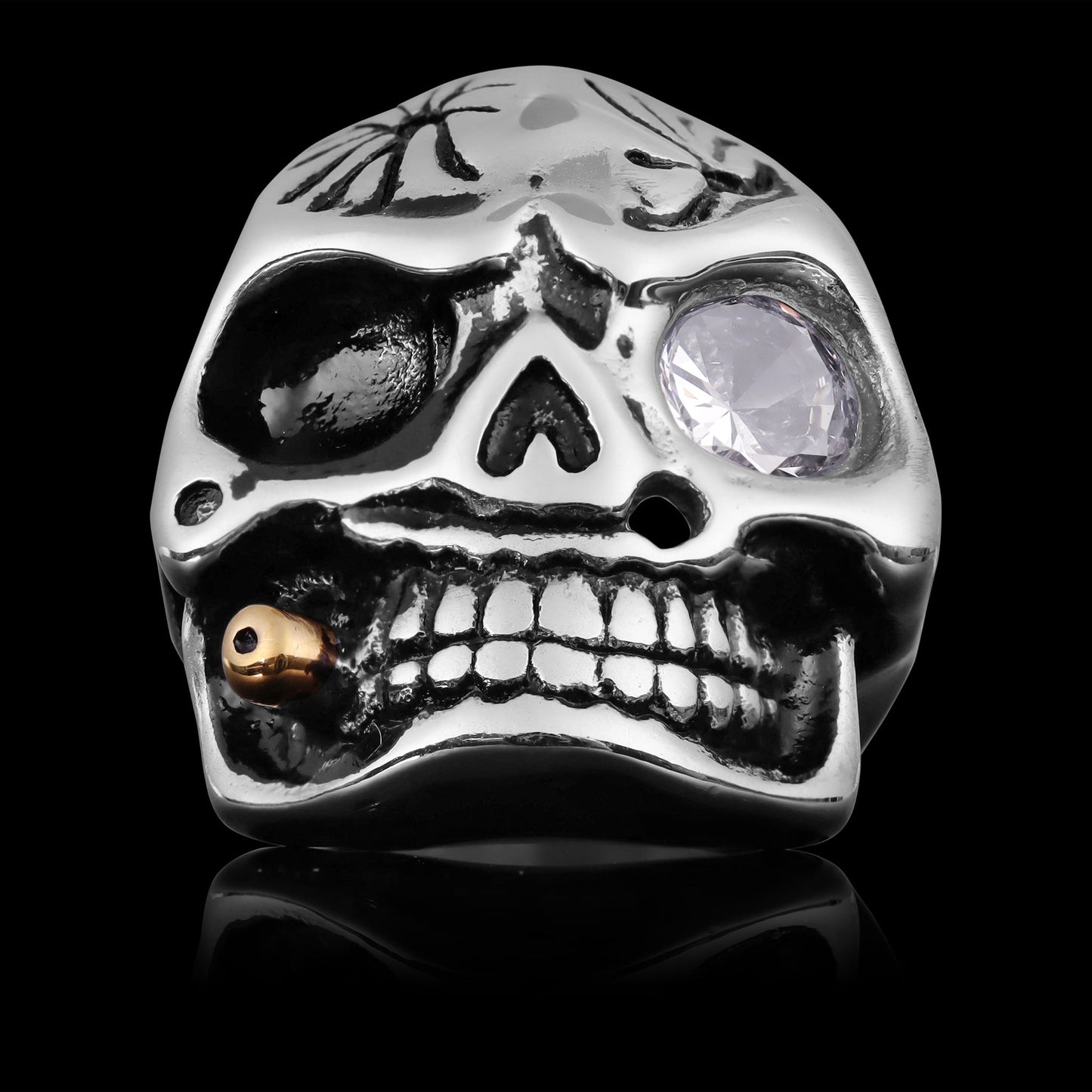 Stainless Steel Skull Smoking 18K Gold PVD Coated Cigar & CZ Eye Ring
