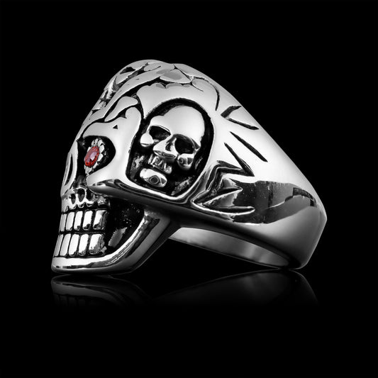 Stainless Steel Red CZ Eyed Sugar Skull Unisex Ring