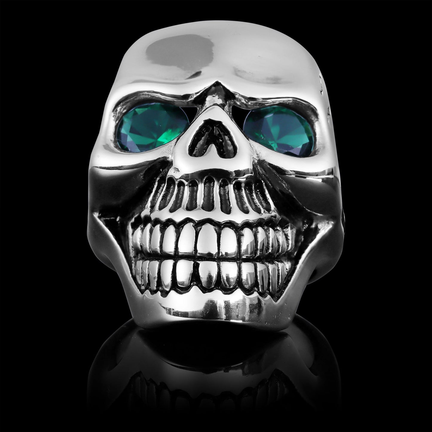 Large Stainless Steel Green CZ Eyed Cracked Skull Ring