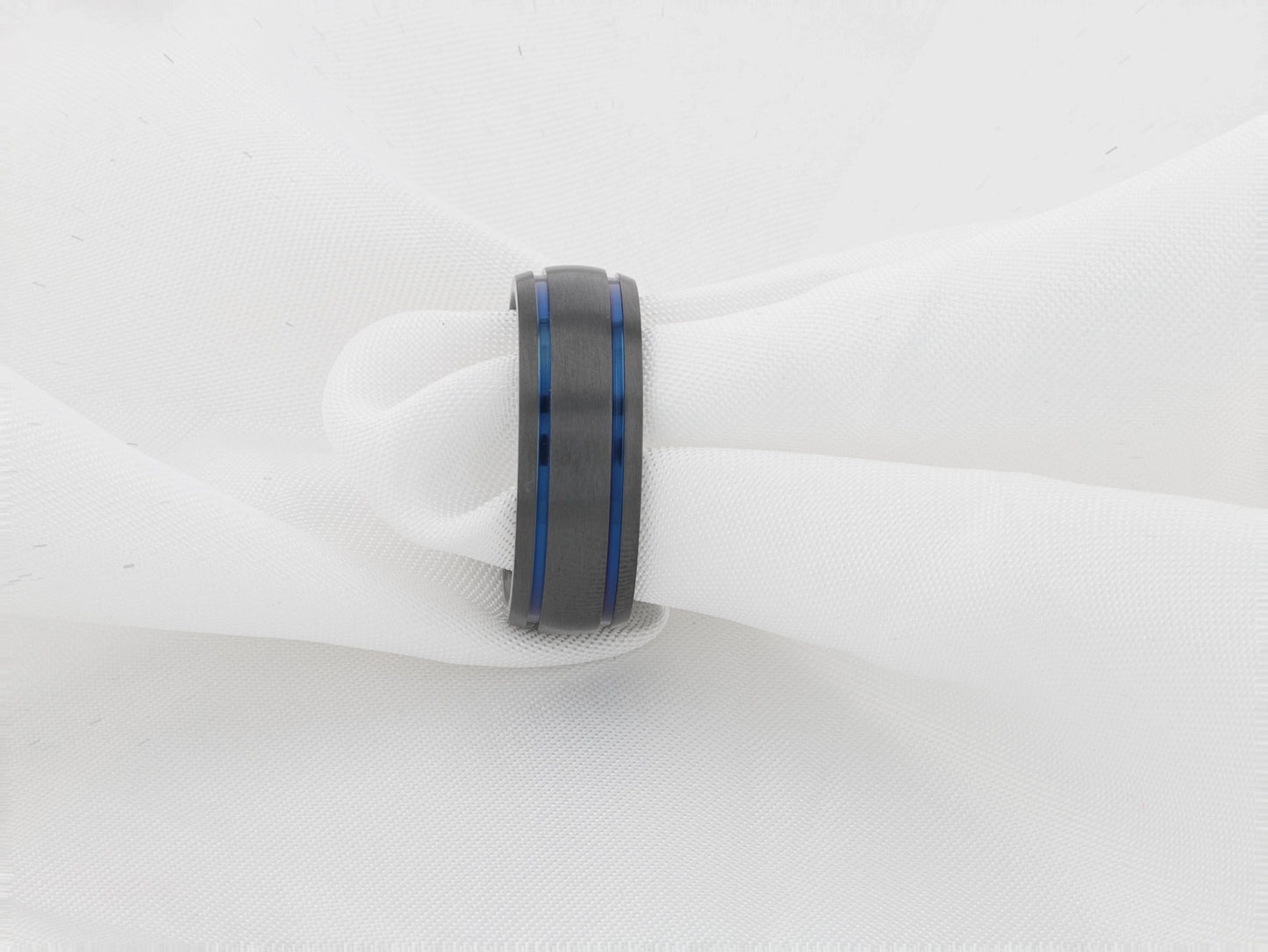 SHERIFF Domed Black Titanium Brushed Finish Men’s Wedding Ring with Blue Grooves – 8mm