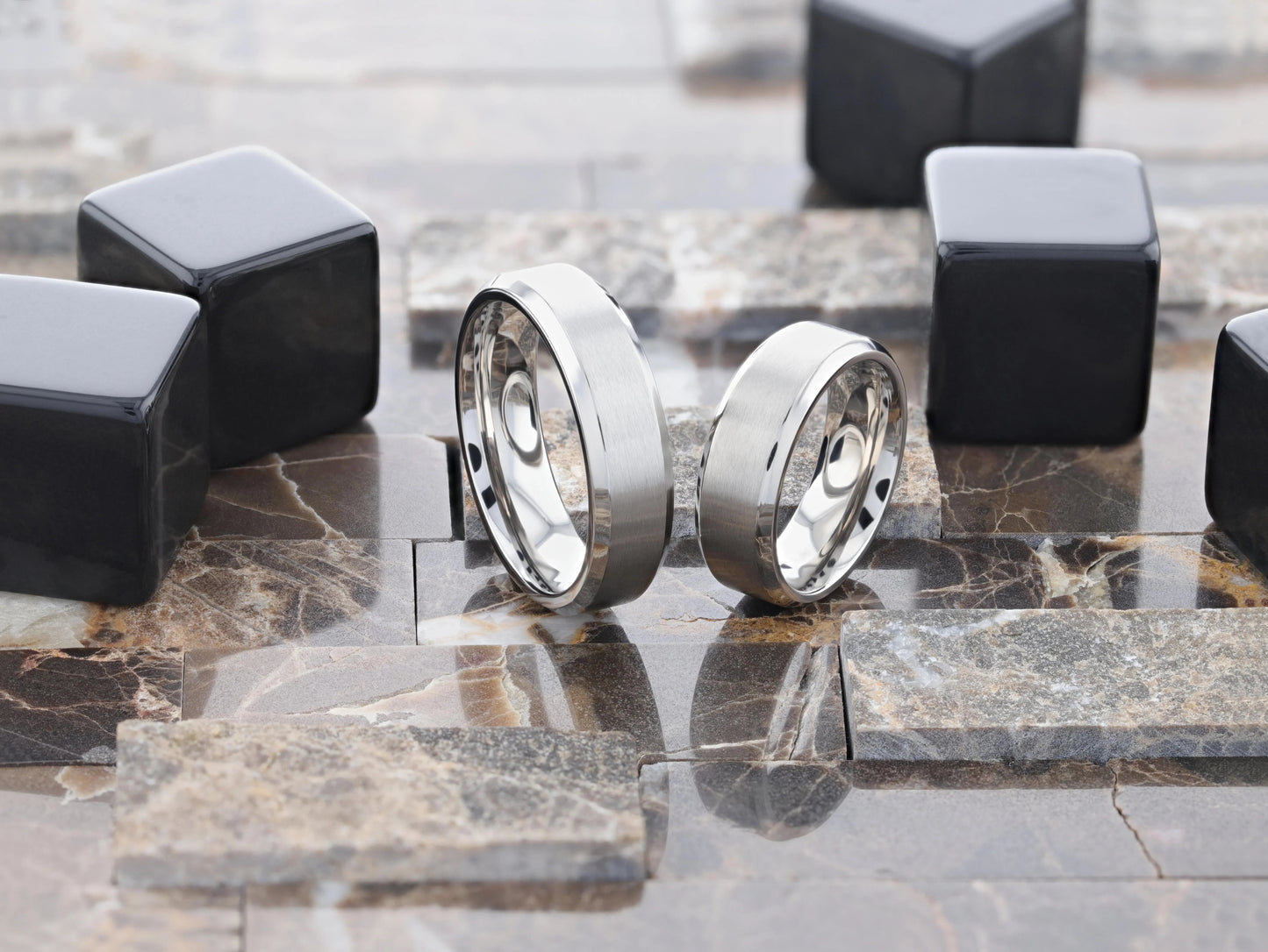 SHIRE Titanium Men’s Flat Wedding Ring, Brushed Center with Polished Beveled Edges — 6mm & 8mm