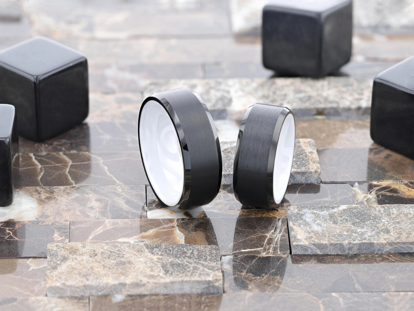 SIGMA Black Tungsten Brushed Center Men’s Wedding Band with Polished Beveled Edges & White Interior - 8mm