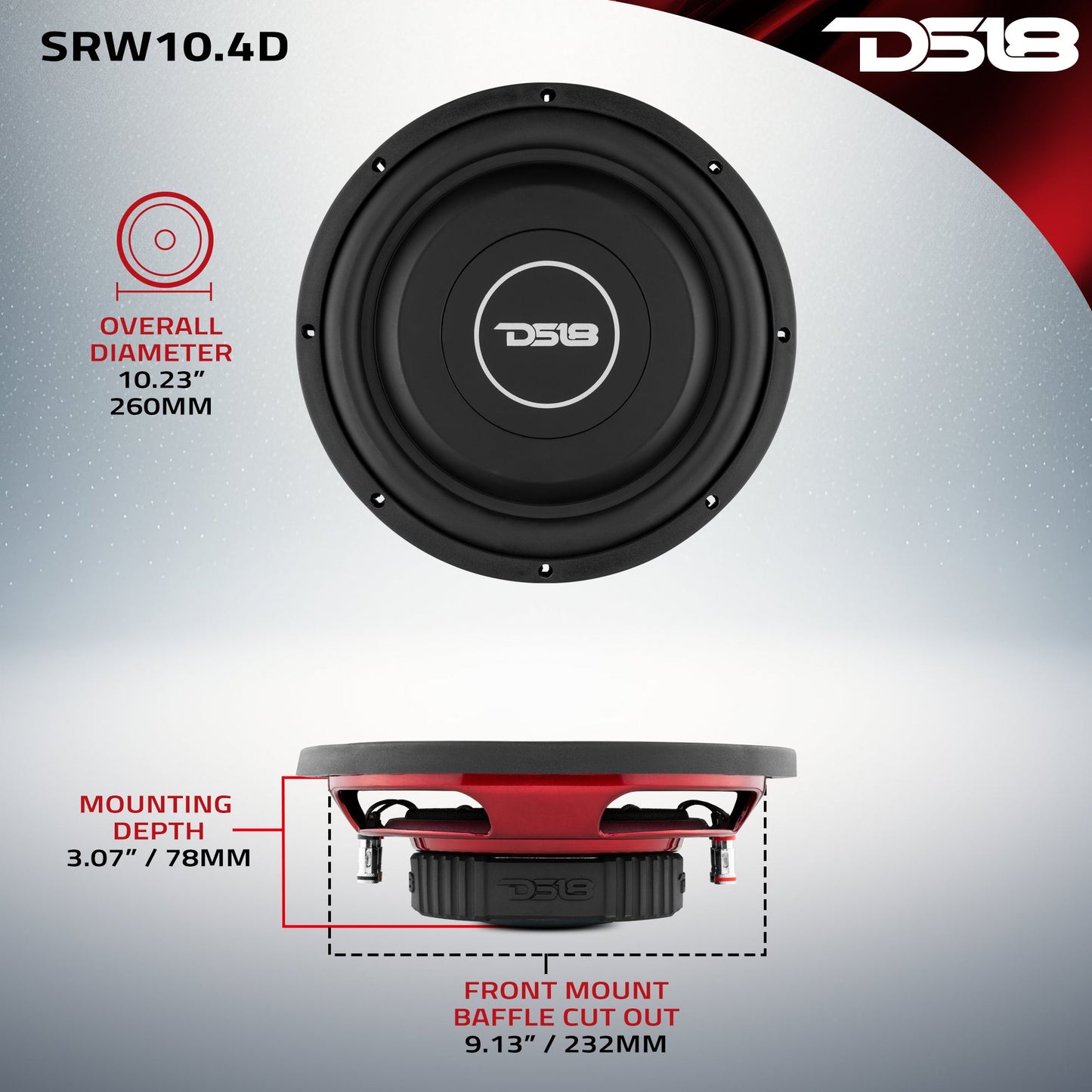 SRW Shallow-Mount 10" Subwoofer 200 Watts Rms DVC 4-Ohm
