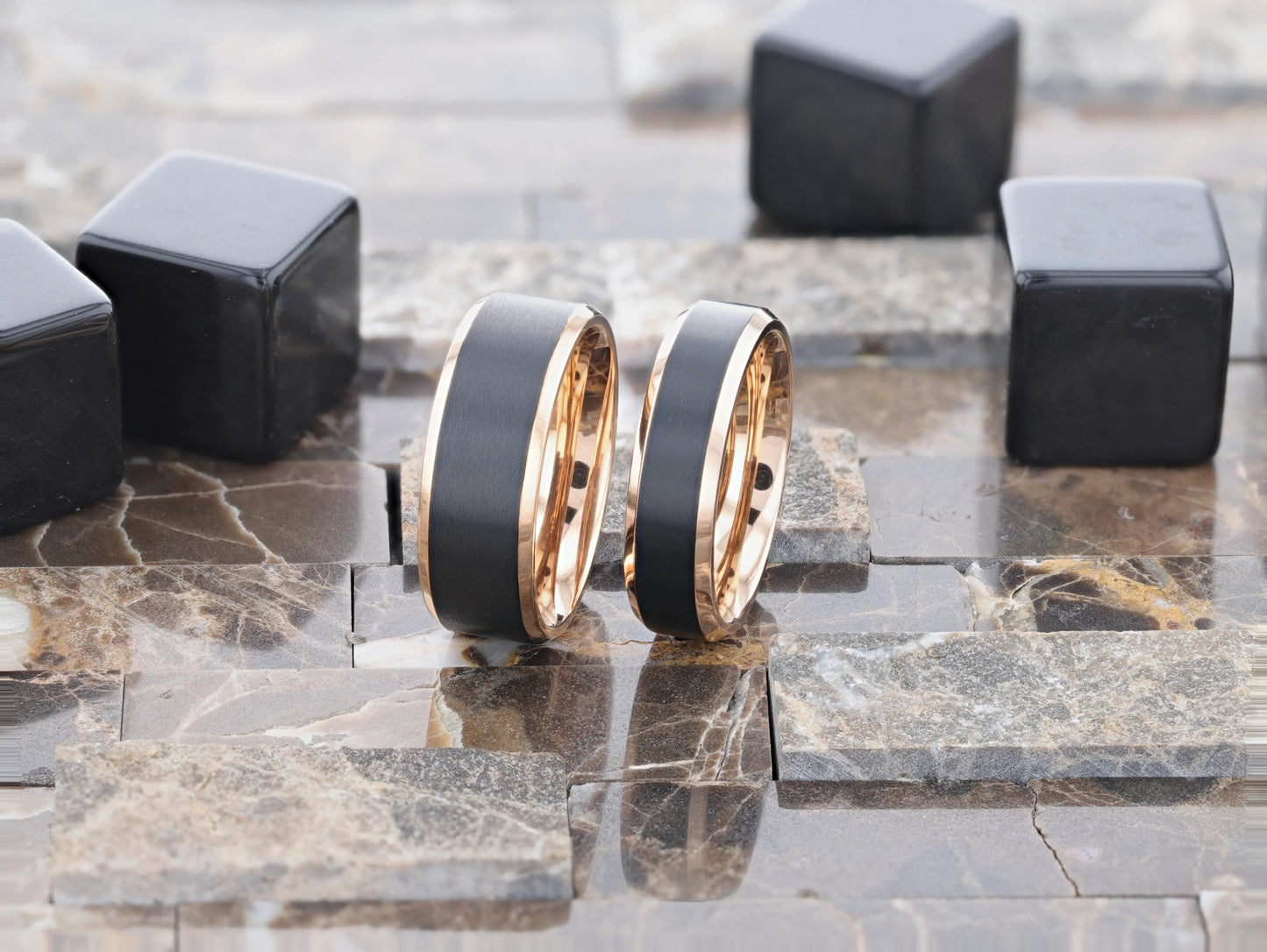 STEPHEN Rose Gold Plated Black Titanium Flat Brushed Center Men's Wedding Ring With Beveled Polished Edges - 6mm & 8mm