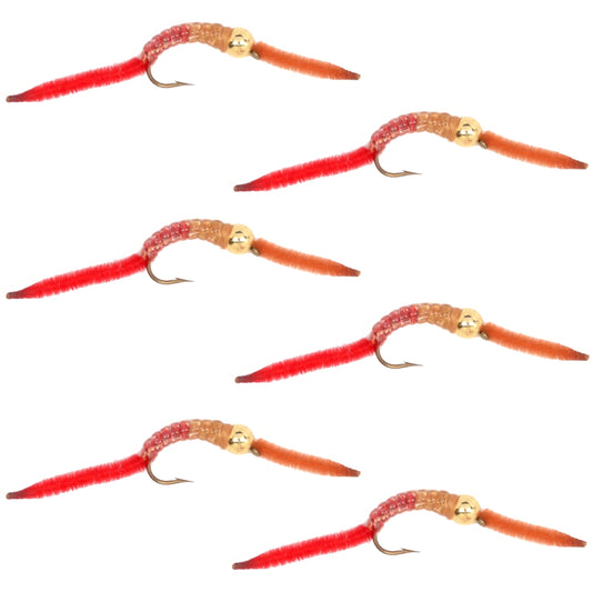 San Juan Worm Gold Bead Power Worm  Half and Half - Set of 6 Nymph Flies Hook Size 14