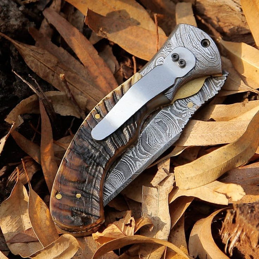 Mountain Majesty - Custom Handcrafted Damascus Steel Folding Pocket Knife with Sheep Horn Handle and Damascus Bolster