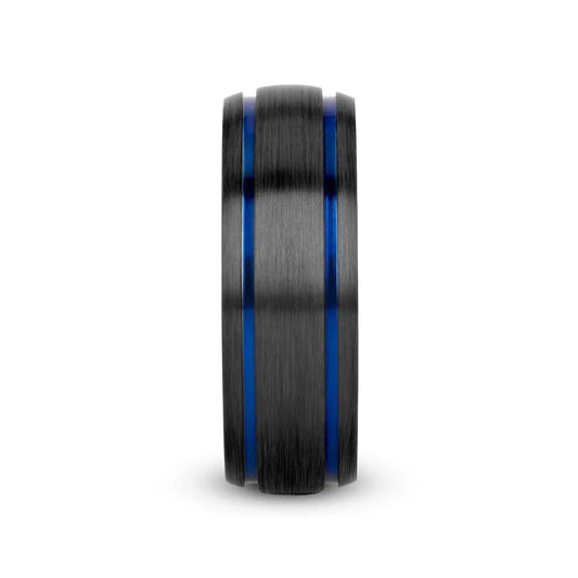 SHERIFF Domed Black Titanium Brushed Finish Men’s Wedding Ring with Blue Grooves – 8mm