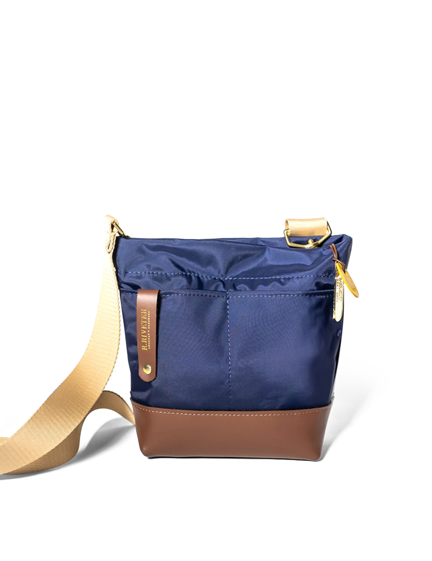 Betsy Bucket Bag | Navy Nylon + Brown Leather