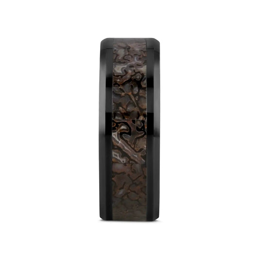 SILURIAN Dinosaur Bone Inlaid Black Ceramic Beveled Edged Ring - 4mm or 8mm