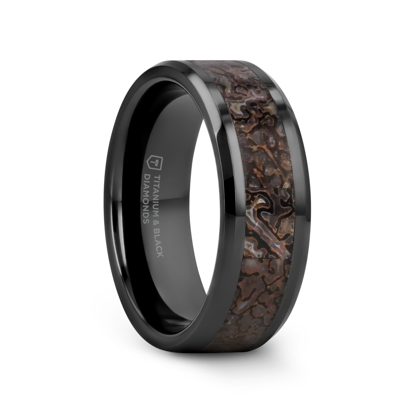 SILURIAN Dinosaur Bone Inlaid Black Ceramic Beveled Edged Ring - 4mm or 8mm