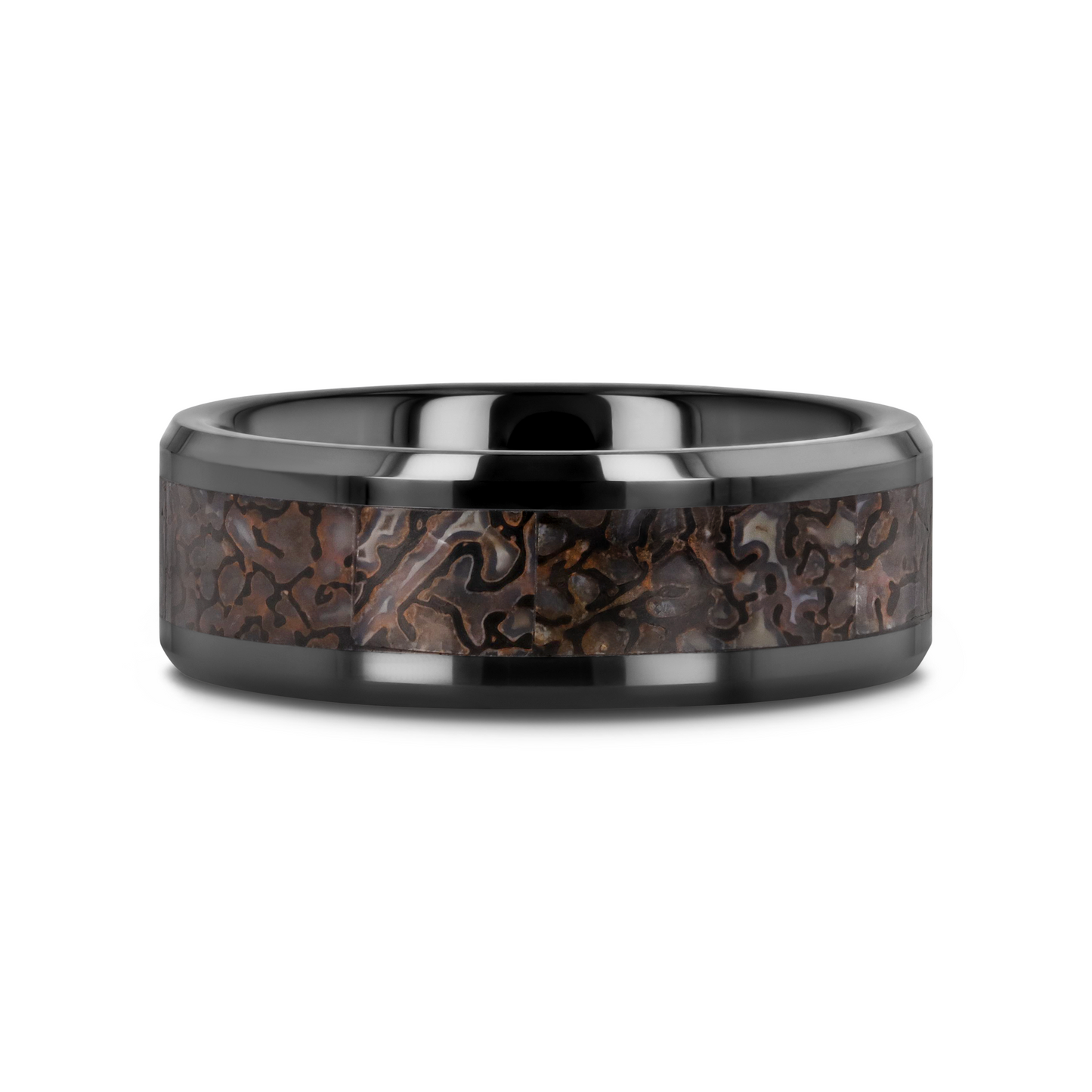 SILURIAN Dinosaur Bone Inlaid Black Ceramic Beveled Edged Ring - 4mm or 8mm