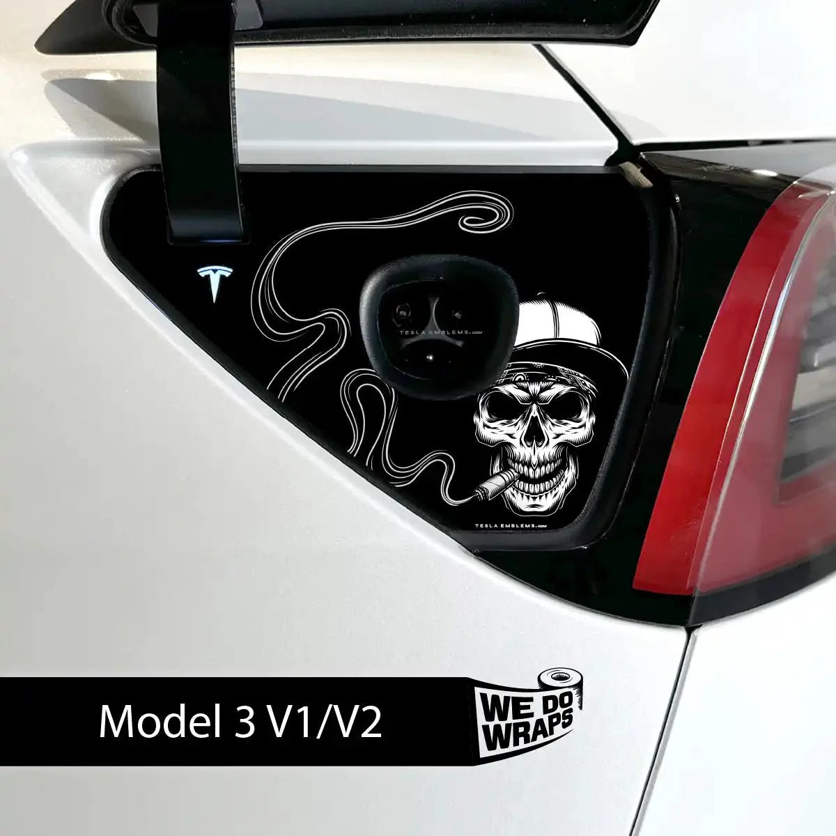 Smoking Skull Art Tesla Charge Port Wrap | Model 3