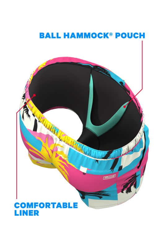 The SoCal Summer | Black and Pink Tropical Ball Hammock® Pouch 8" Swim Trunks
