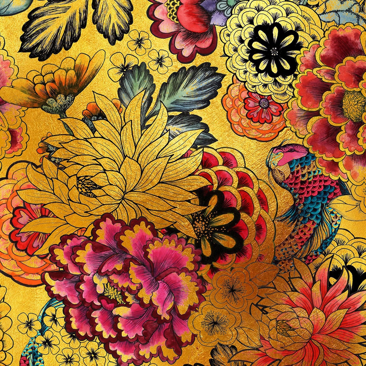 Japanese Art Koi Fish Peel and Stick Wallpaper. Gold Flowers Background.  Removable Wall Mural #6192