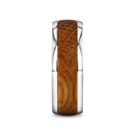 STAVE Whiskey Barrel Inlaid Titanium Men's Wedding Band With Domed Polished Edges Made From Genuine Whiskey Barrels - 8mm