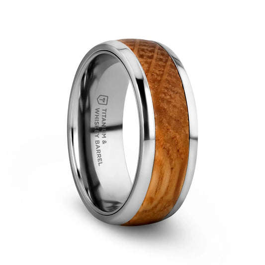 STAVE Whiskey Barrel Inlaid Titanium Men's Wedding Band With Domed Polished Edges Made From Genuine Whiskey Barrels - 8mm