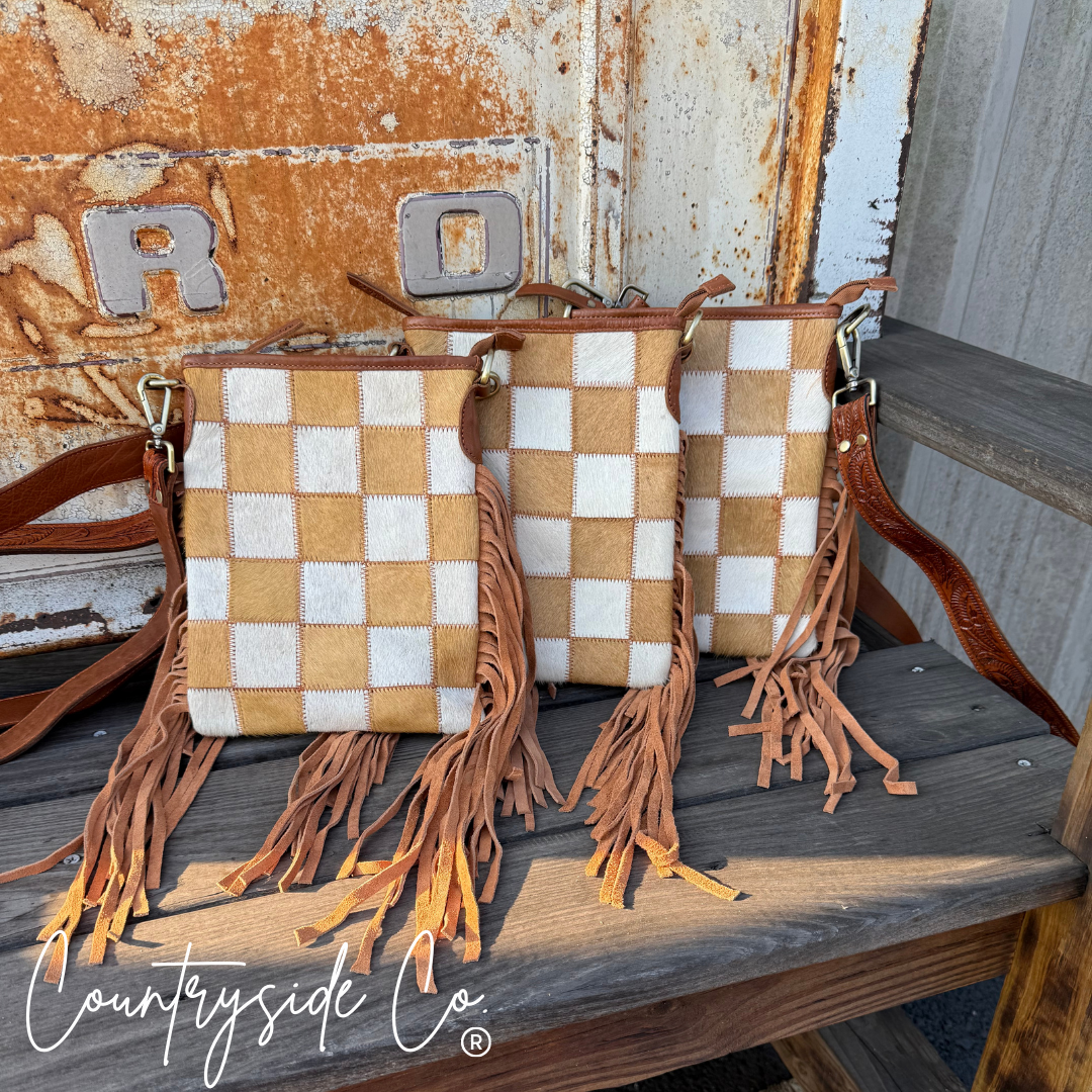 Stockdale Checkered Cowhide Fringe Purse by Countryside Co.