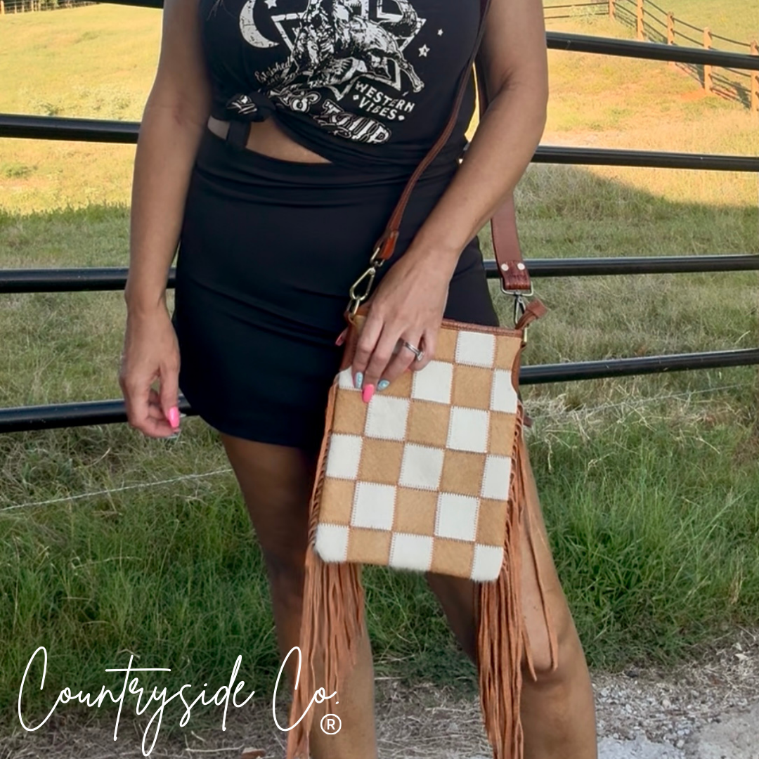 Stockdale Checkered Cowhide Fringe Purse by Countryside Co.