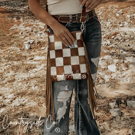 Stockdale Checkered Cowhide Fringe Purse