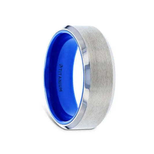 ARCTIC Flat Beveled Edges Titanium Ring with Brushed Center and Vibrant Blue Inside - 8mm