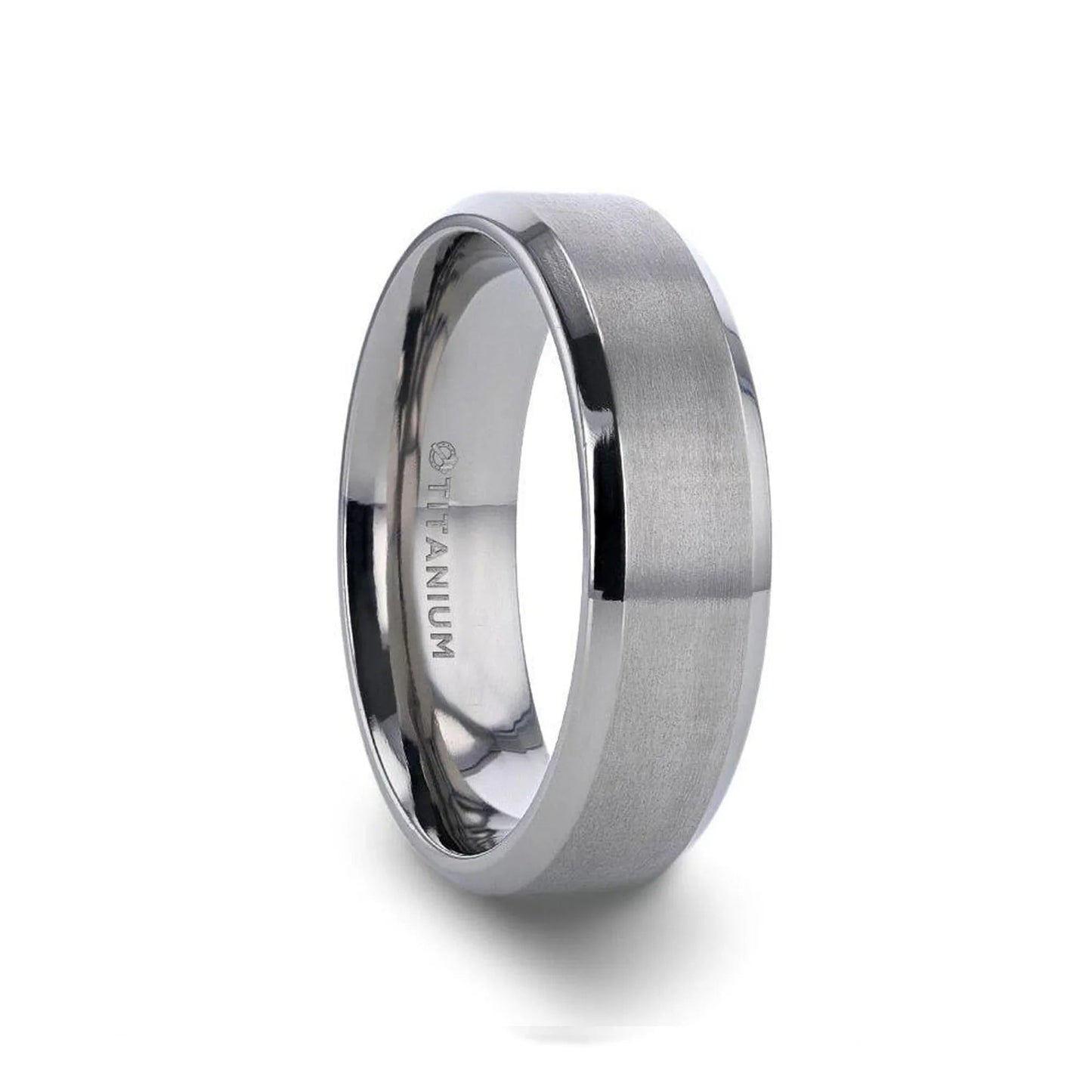 SHIRE Titanium Men’s Flat Wedding Ring, Brushed Center with Polished Beveled Edges — 6mm & 8mm