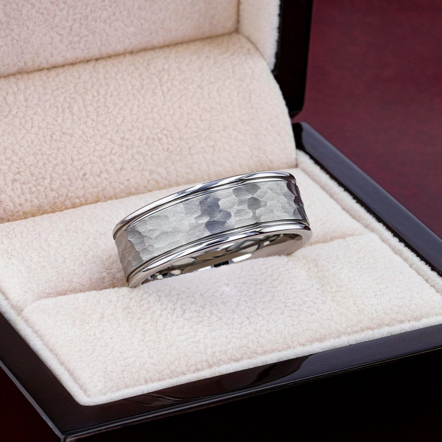 THORNTON Hammered Finish Center White Tungsten Carbide Wedding Band with Dual Offset Grooves and Polished Edges - 6mm & 8mm