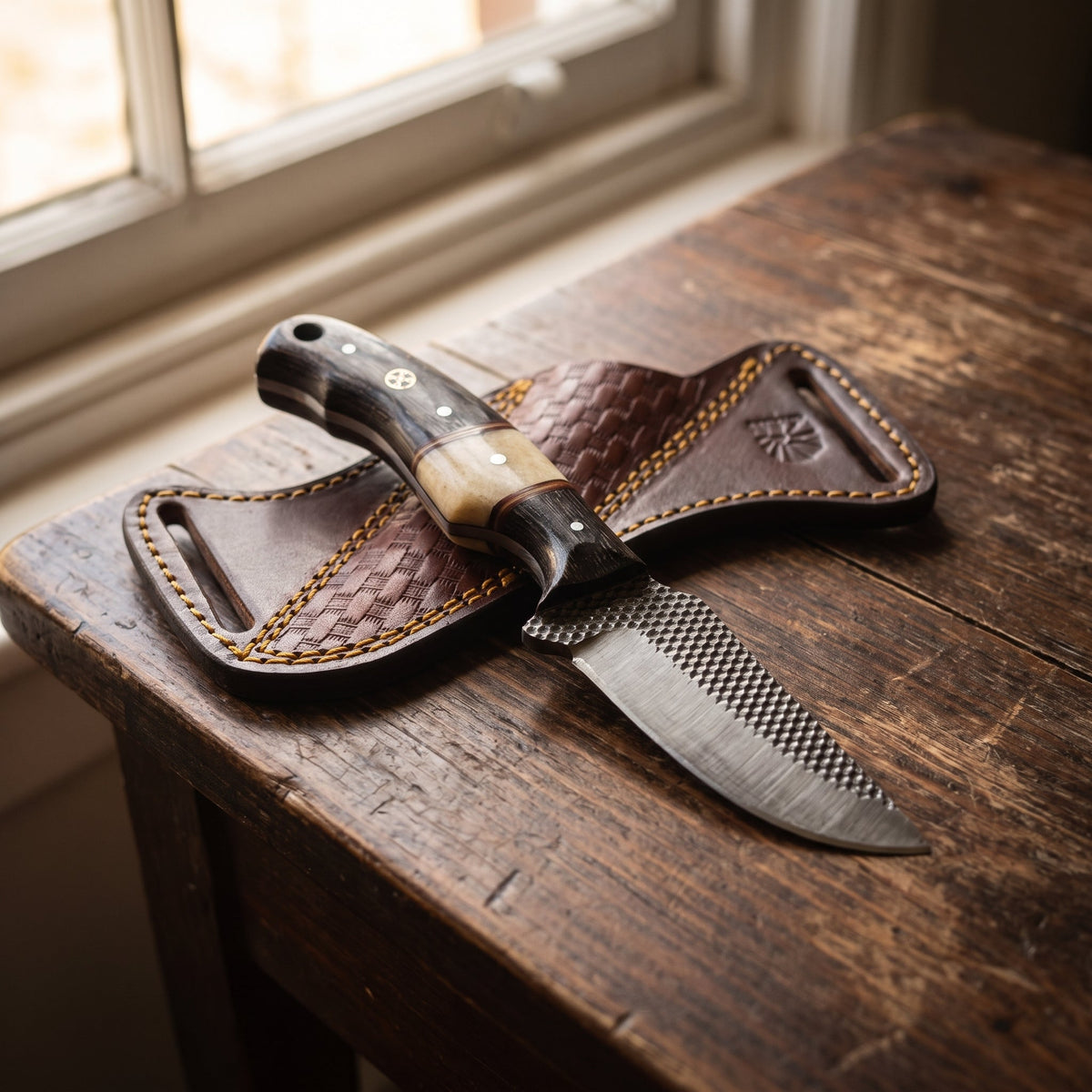 Titan "Shadow Grain" Skinner | High Carbon RASP Steel Blade, Striped Wood Handle TIK-004