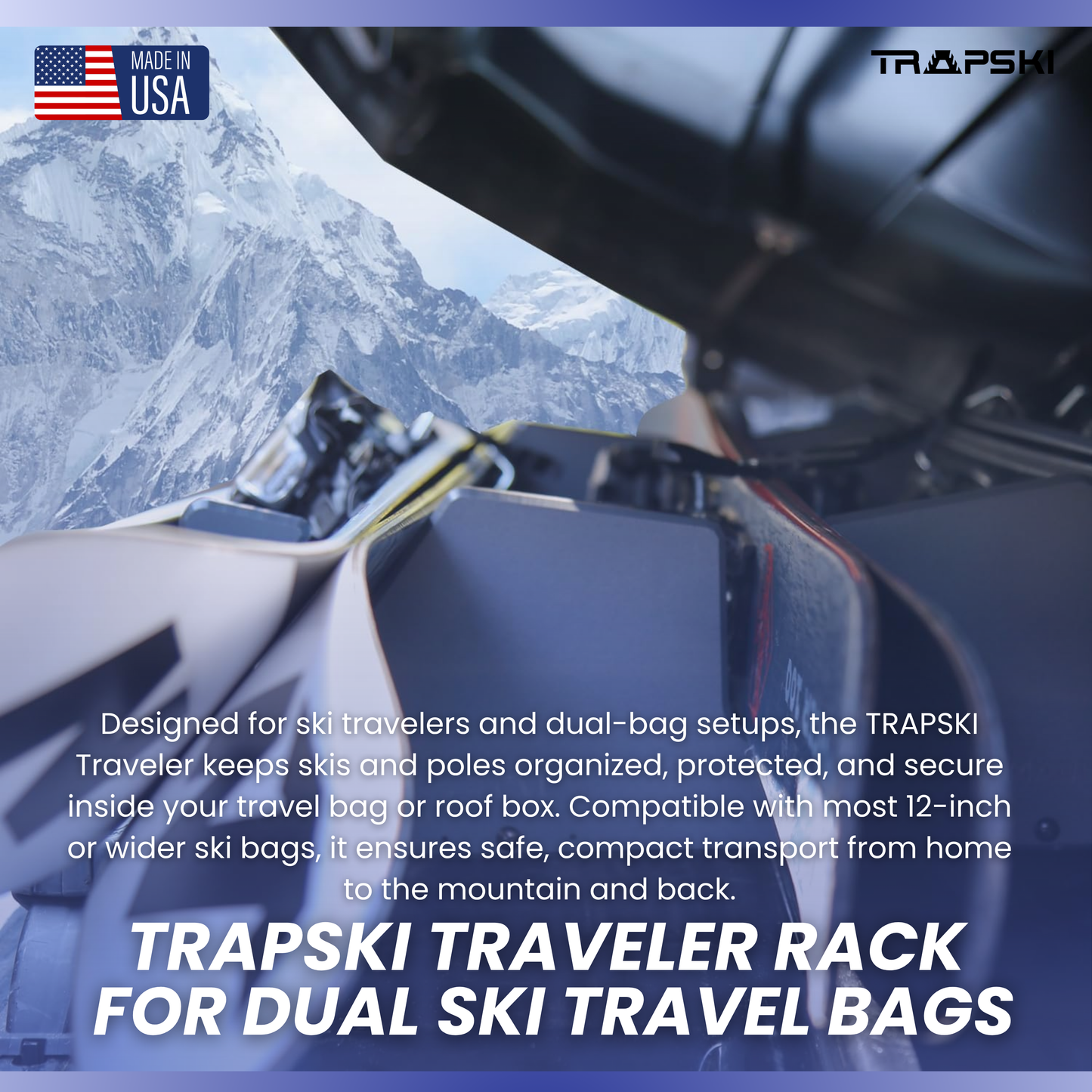 TRAPSKI Traveler Rack for Dual/Double Ski Travel Bags | Rack Insert is for Skis Only | High Quality Marine Grade HDPE Plastic | Slot Inserts & Strap Included | Made in the USA