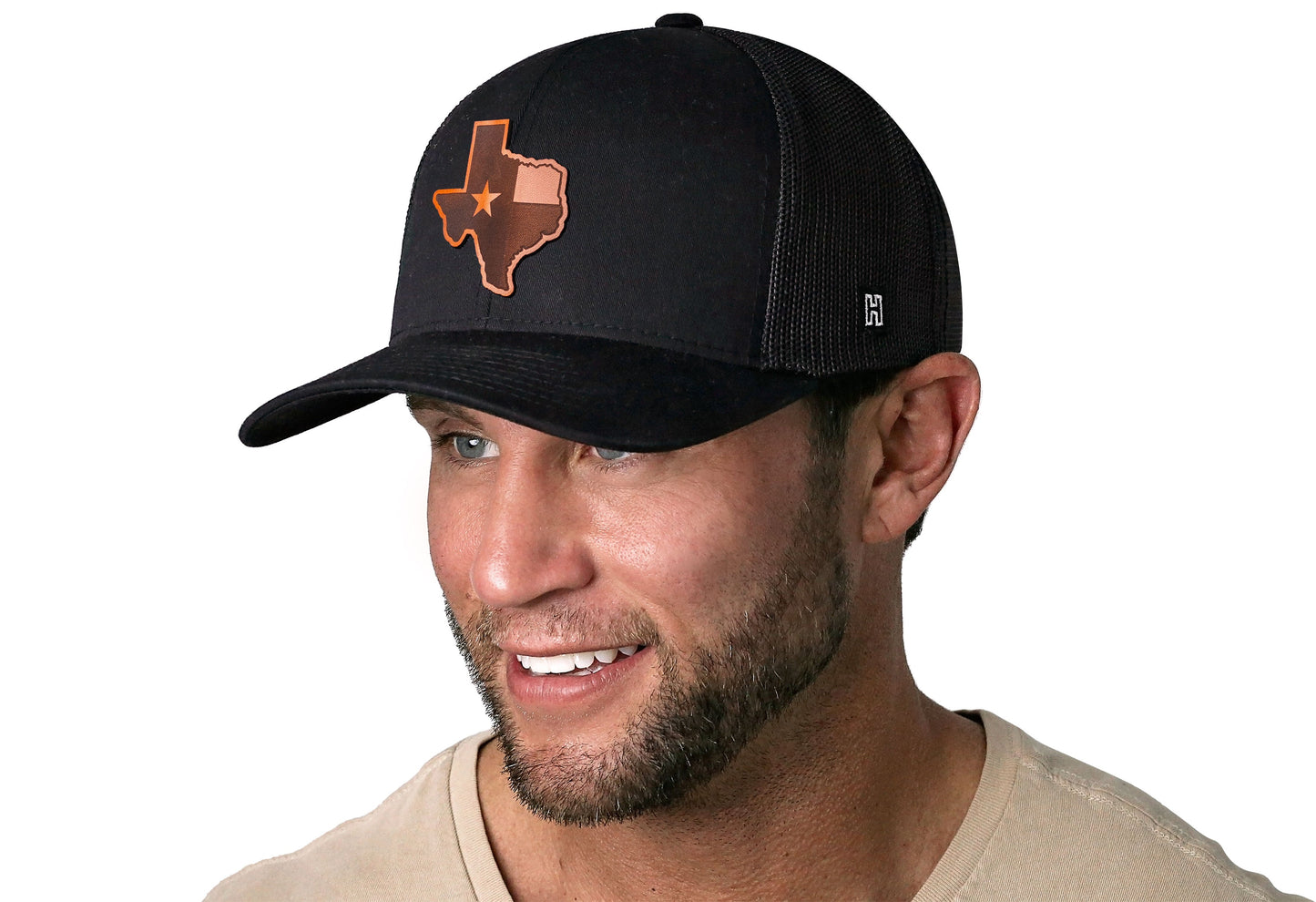 Texas Flag Trucker Hat Leather  |  Black Texas Flag Cut to Shape Snapback