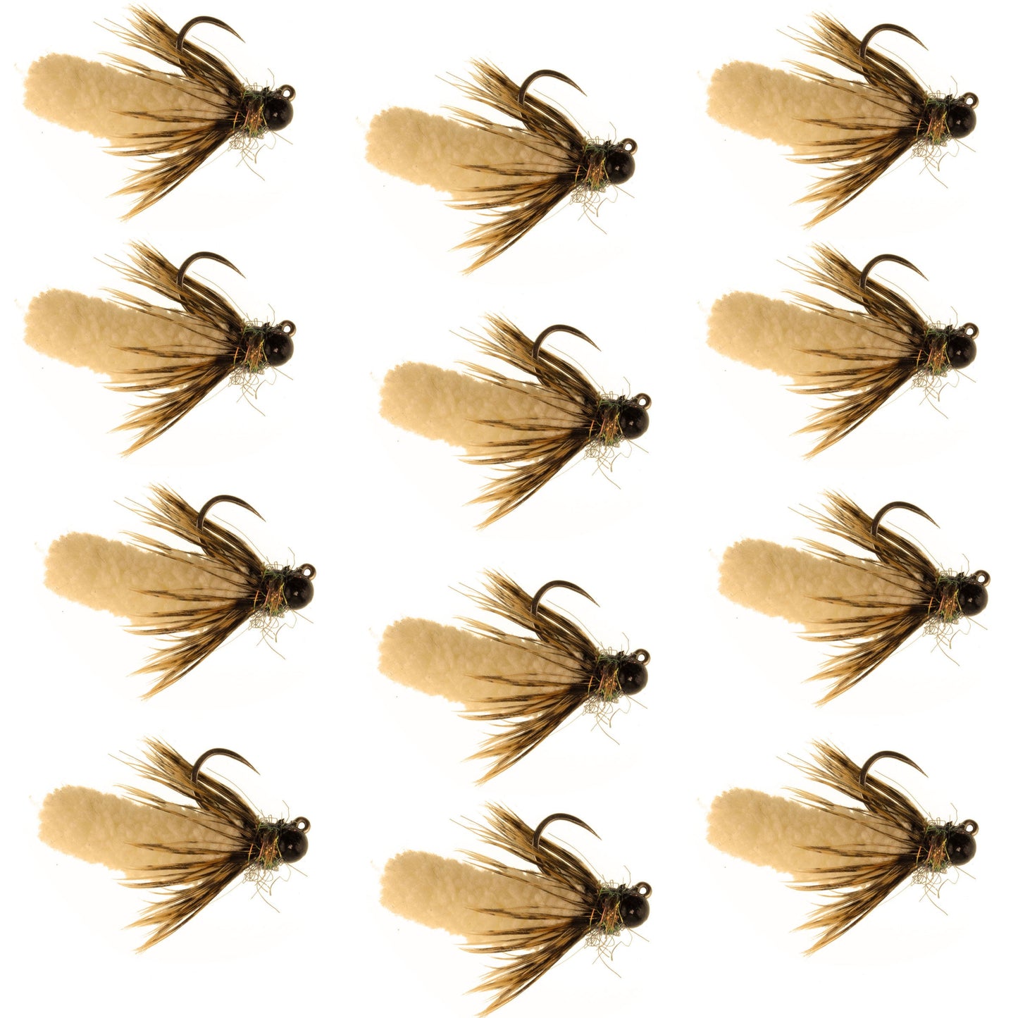 Tungsten Bead Tan Mop Fly Tactical Jig Czech Euro Nymph Barbless 12 Flies - Size 14