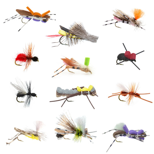 Trout Fly Assortment - Essential Terrestrials Fly Fishing Flies Collection - Includes Foam Hoppers, Ants, Beetles, and Cicadas - 1 Dozen Trout Flies with Fly Box