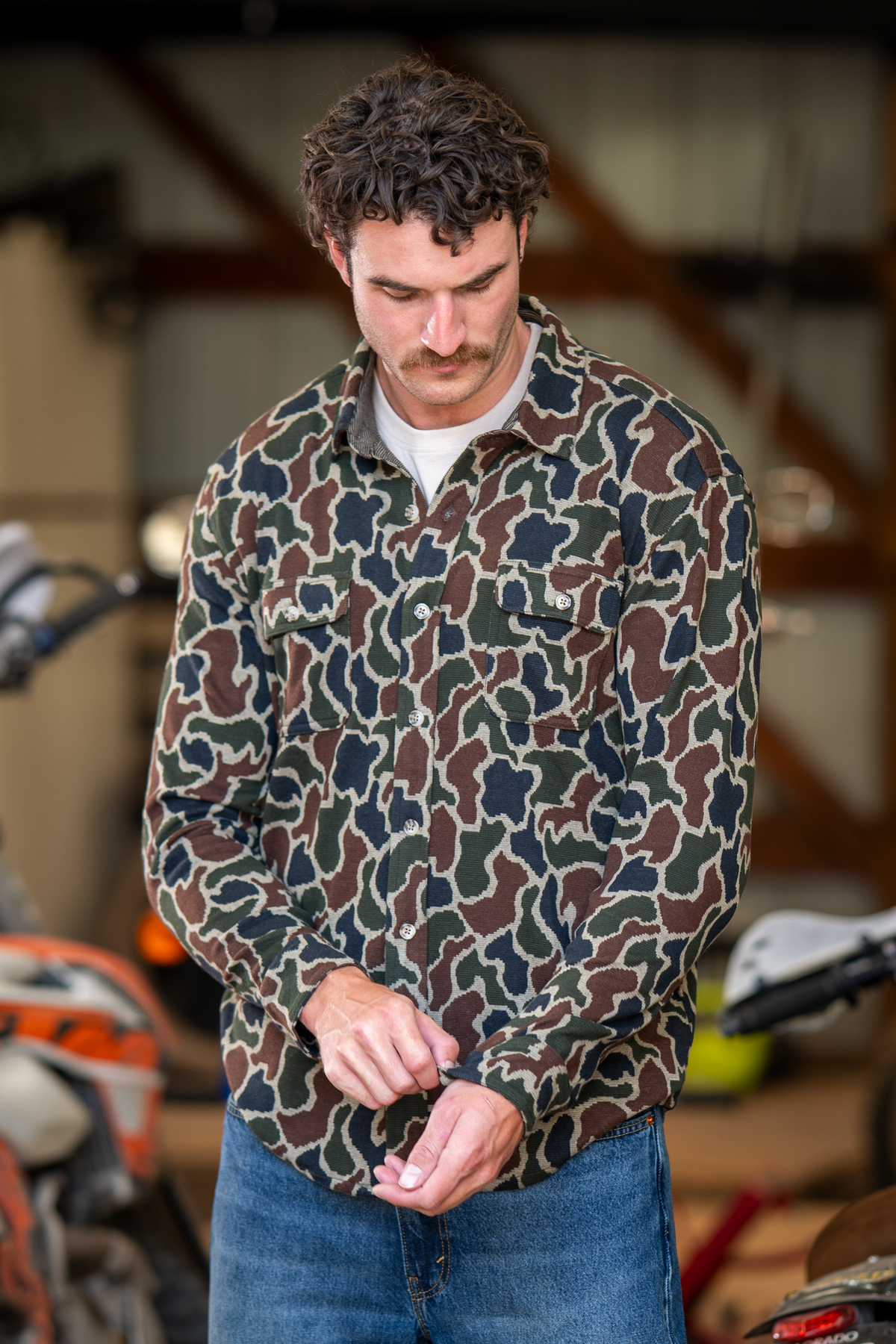 The Blender | Grey Duck Camo Chinchilla Soft™ Long Sleeve Stretch Button Up Shirt