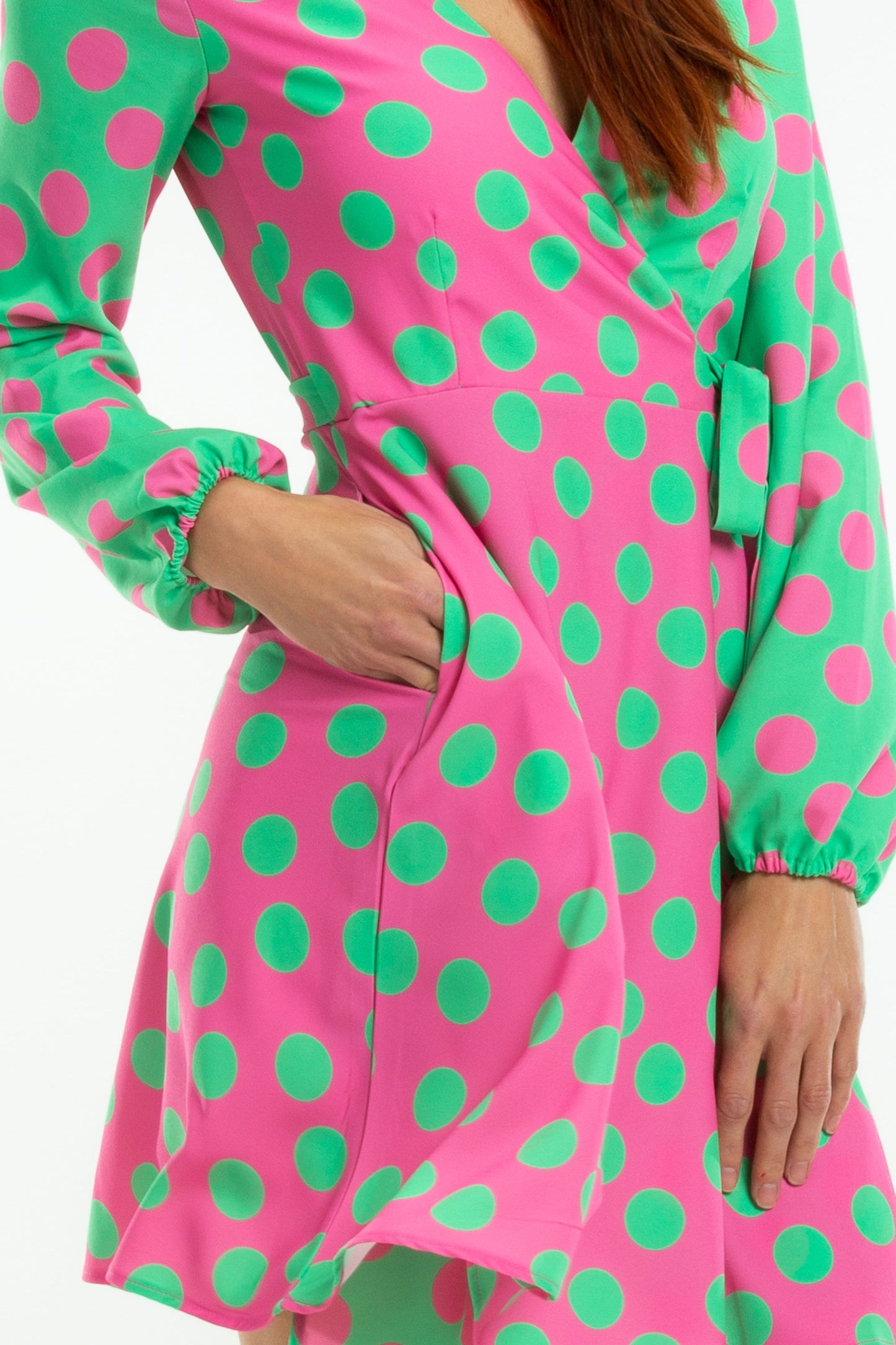 The High Stakes | Derby Pink And Green Polka Dot Wrap Dress