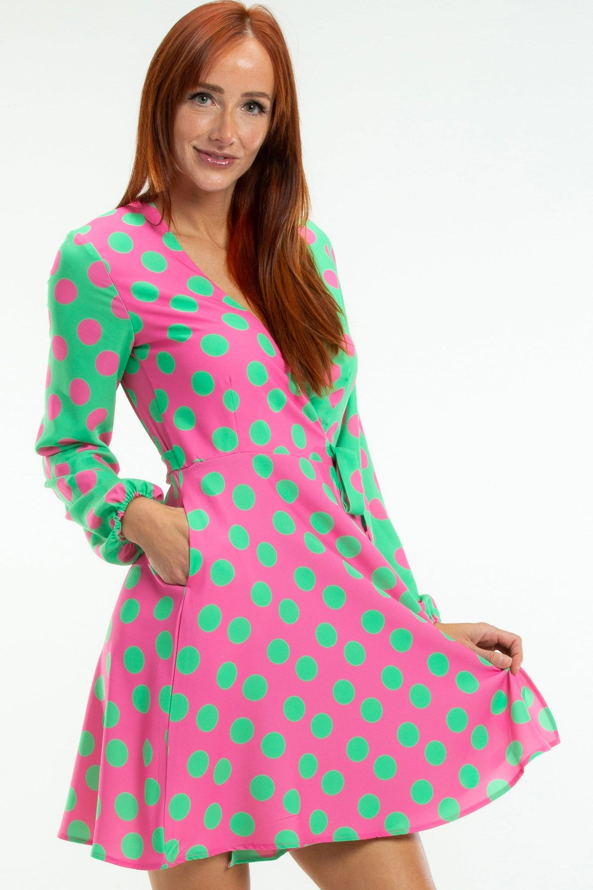 The High Stakes | Derby Pink And Green Polka Dot Wrap Dress