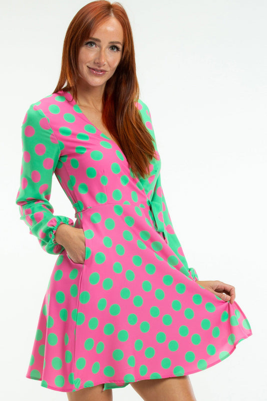 The High Stakes | Derby Pink And Green Polka Dot Wrap Dress