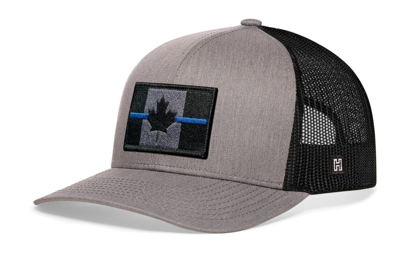 Thin Blue Line Trucker Hat  |  Gray-Black Canadian Maple Leaf Tactical Snapback