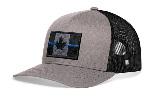 Thin Blue Line Trucker Hat  |  Gray-Black Canadian Maple Leaf Tactical Snapback