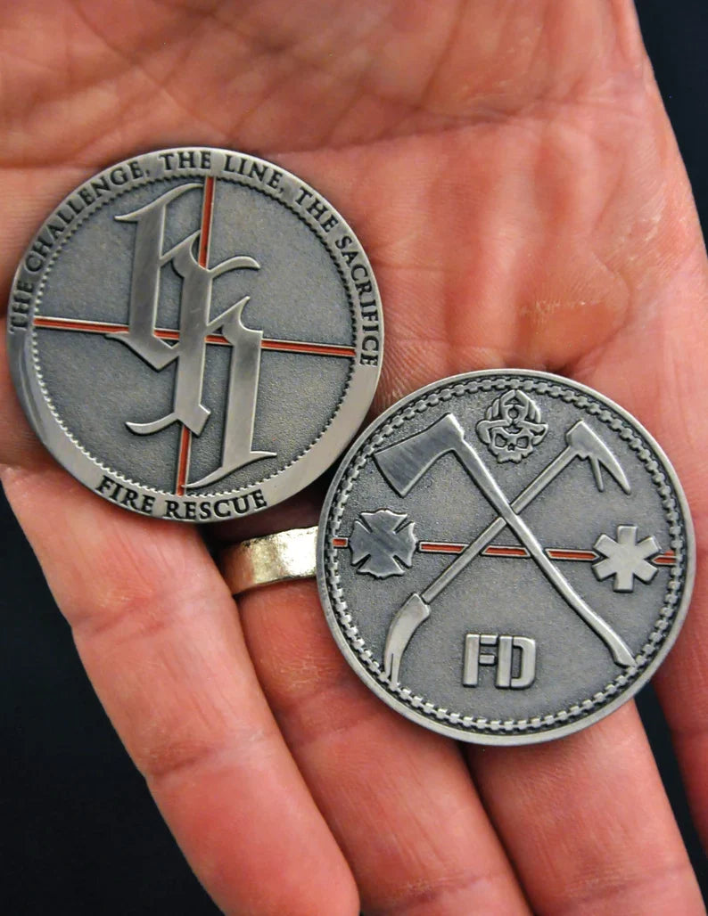 The Challenge, The Line, The Sacrifice. Thin Red Line Fire Rescue Challenge Coin