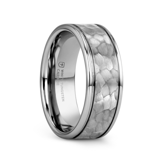 THORNTON Hammered Finish Center White Tungsten Carbide Wedding Band with Dual Offset Grooves and Polished Edges - 6mm & 8mm