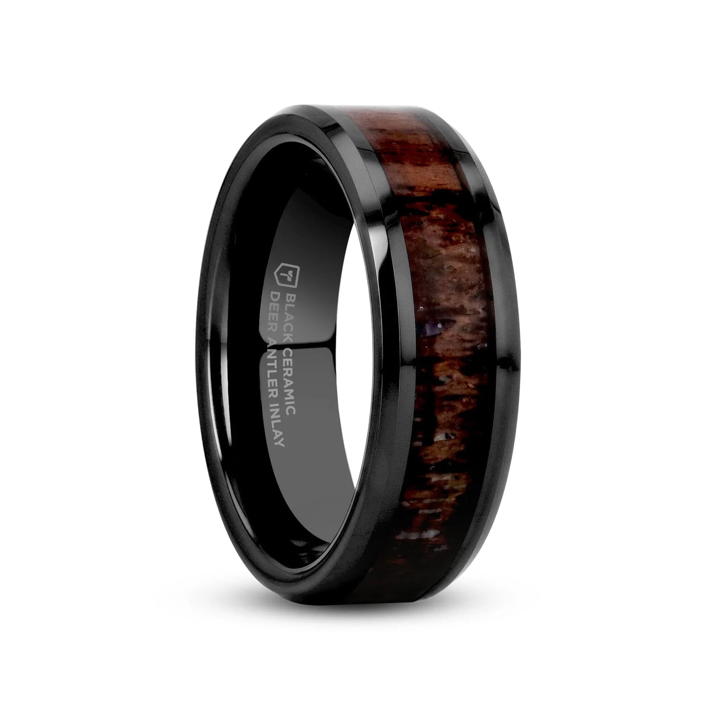 TINE Black Ceramic Polished Beveled Men's Wedding Band with Dark Brown Antler Inlay - 6mm & 8mm