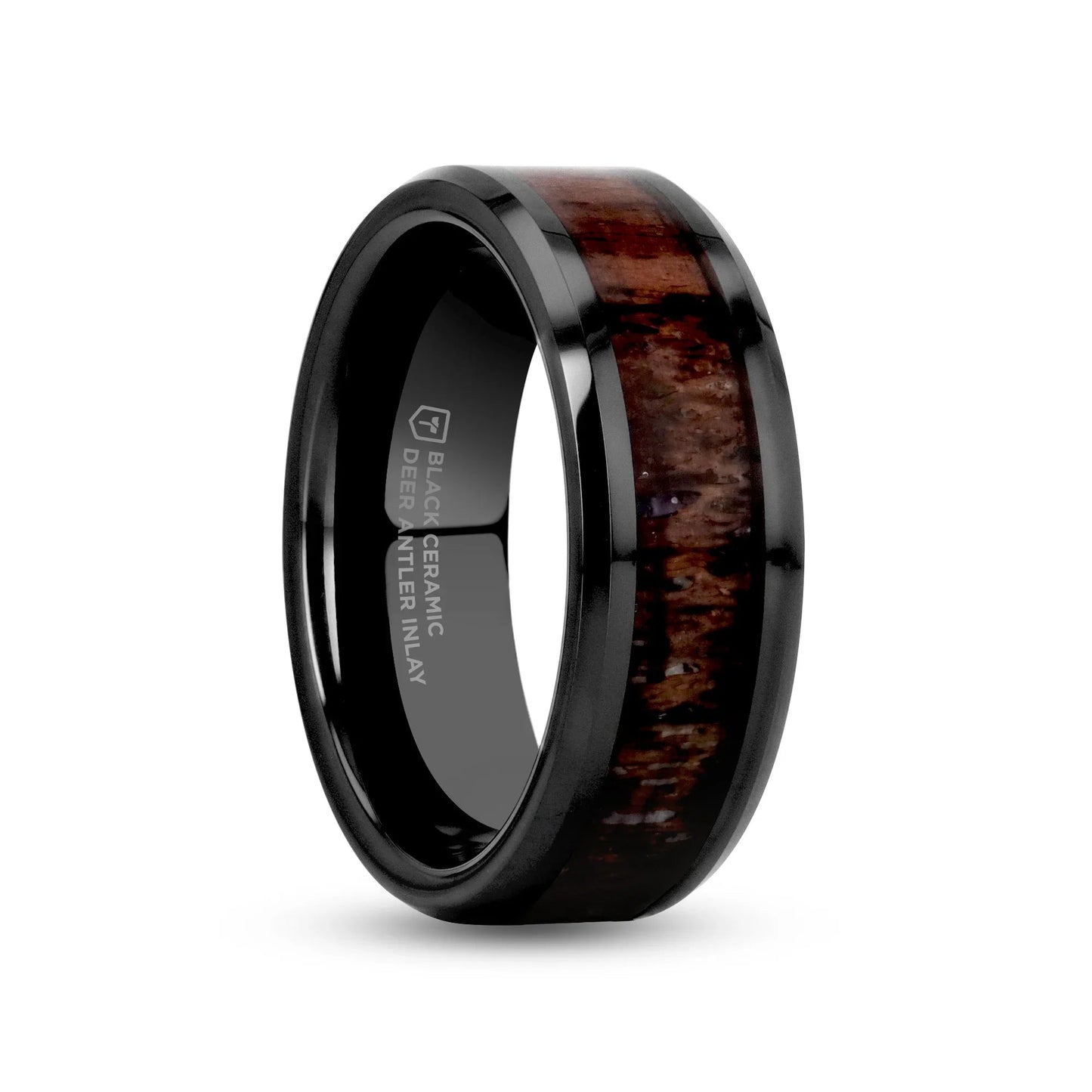 TINE Black Ceramic Polished Beveled Men's Wedding Band with Dark Brown Antler Inlay - 6mm & 8mm