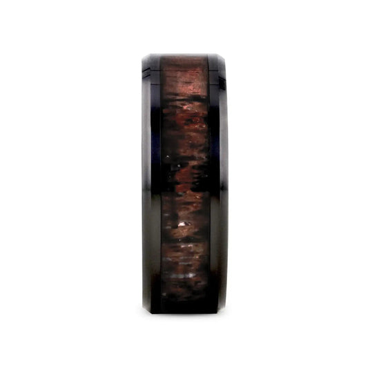 TINE Black Ceramic Polished Beveled Men's Wedding Band with Dark Brown Antler Inlay - 6mm & 8mm