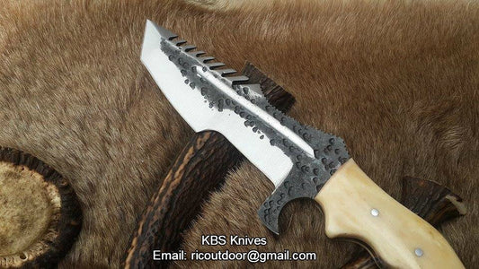 Custom Handmade 1095 Steel Tanto Blade Tracker Knife - Full Tang Bone Handle, 10.5" Overall with Horizontal Leather Sheath | Ideal for Survival & Camping | KBS Knives