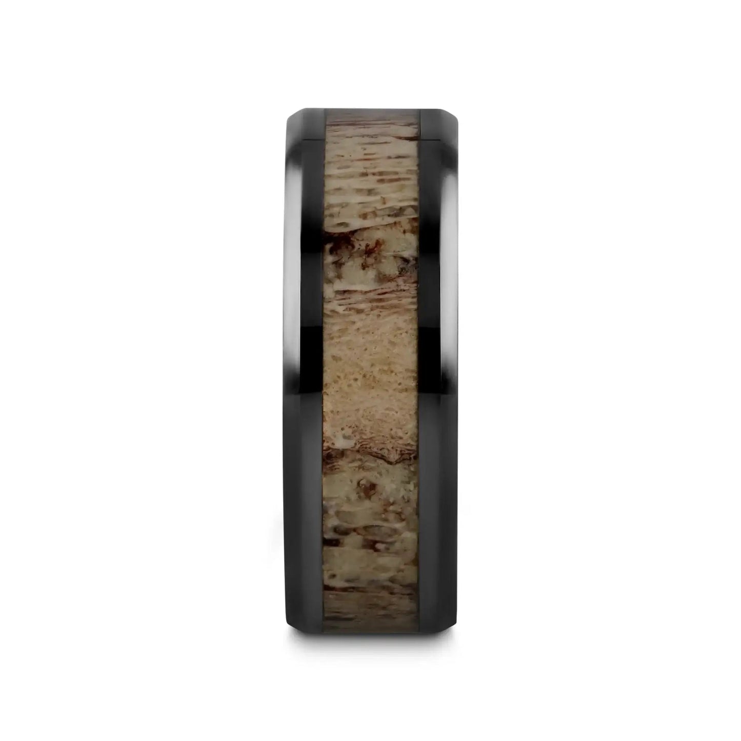 TRES Beveled Black Ceramic Polished Men's Wedding Band with Ombre Antler Inlay - 8mm