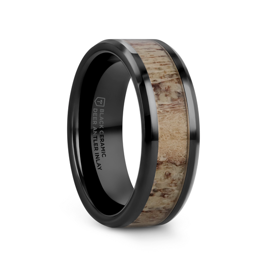 TRES Beveled Black Ceramic Polished Men's Wedding Band with Ombre Antler Inlay - 8mm