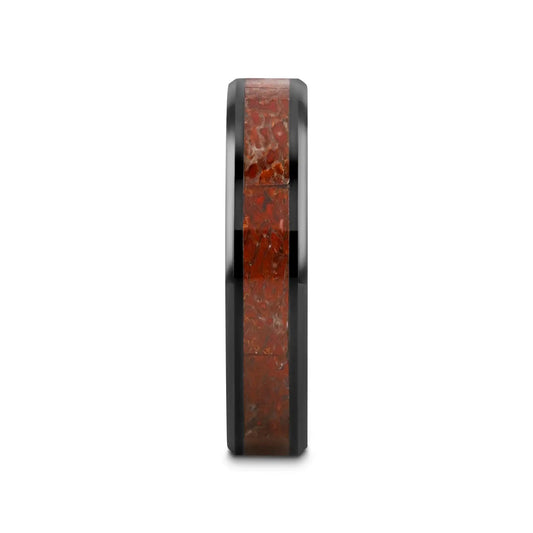 TRIASSIC Red Dinosaur Bone Inlaid Black Ceramic Beveled Edged Ring - 4mm