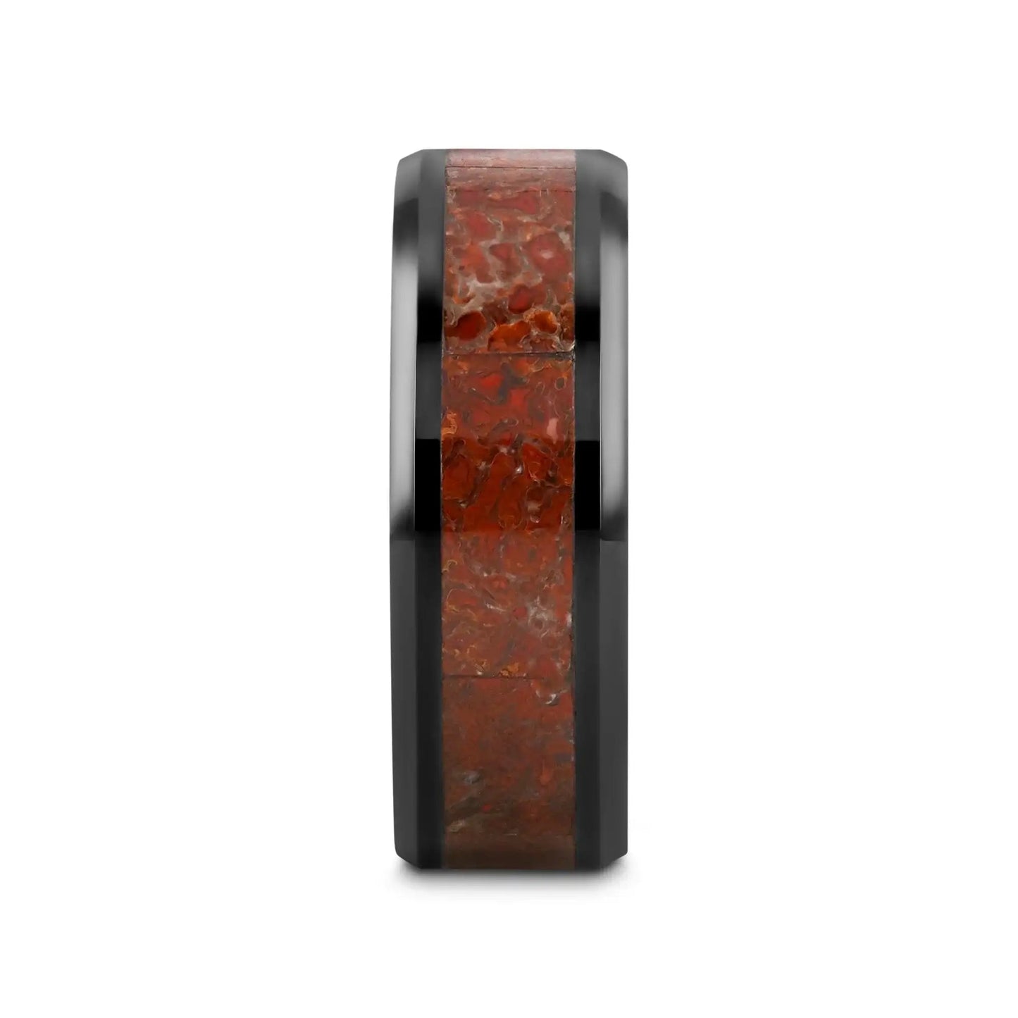 TRIASSIC Red Dinosaur Bone Inlaid Black Ceramic Beveled Edged Ring - 4mm & 8mm