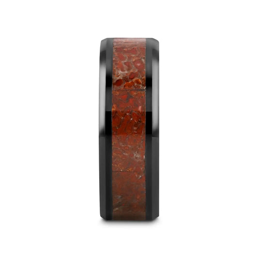 TRIASSIC Red Dinosaur Bone Inlaid Black Ceramic Beveled Edged Ring - 4mm & 8mm